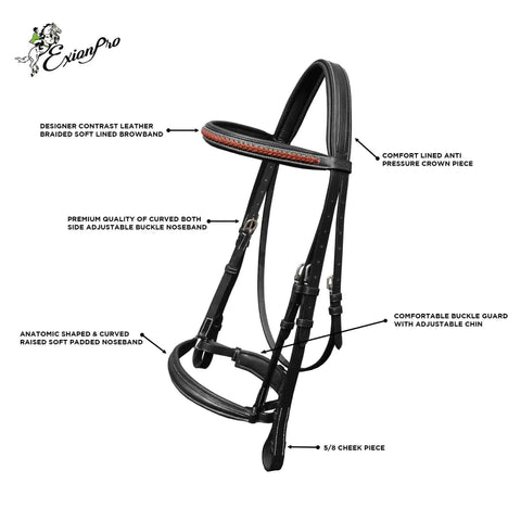 Premium Leather Dressage Bridle For Horse With Anti-Pressure Mono Crownpiece, Padded Crank Noseband, Braided Browband