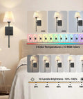 Set Of 2 Battery Powered Wall Sconces No Wiring Needed With Black Fabric Shade Remote Control Dimmable RGB Color Changing Wall Lamp For Bedroom Living Room Hallway 20 Inches Tall shown in a bedroom setting with color and brightness options.