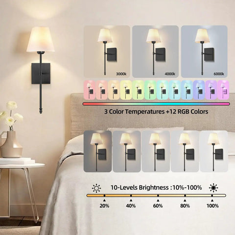 Set Of 2 Battery Powered Wall Sconces No Wiring Needed With Black Fabric Shade Remote Control Dimmable RGB Color Changing Wall Lamp For Bedroom Living Room Hallway 20 Inches Tall shown in a bedroom setting with color and brightness options.