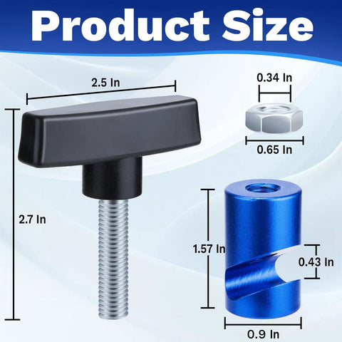 Heavy Duty Aluminum Alloy Car Hood Prop Strut Clamps Pair dimensions showcasing black handle and blue clamp sizes in inches.