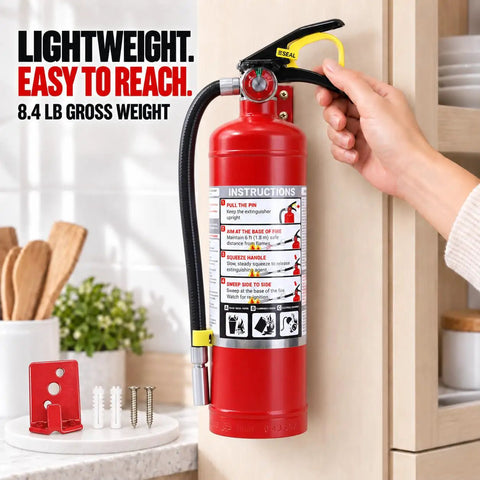Tough As Nails ABC Dry Chemical Fire Extinguisher 4 Pack Rated 3A 40BC with instruction label in kitchen setting.