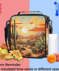 Flower Cactus Desert Insulated Lunch Tote With Leakproof Waterproof Exterior and food items displayed