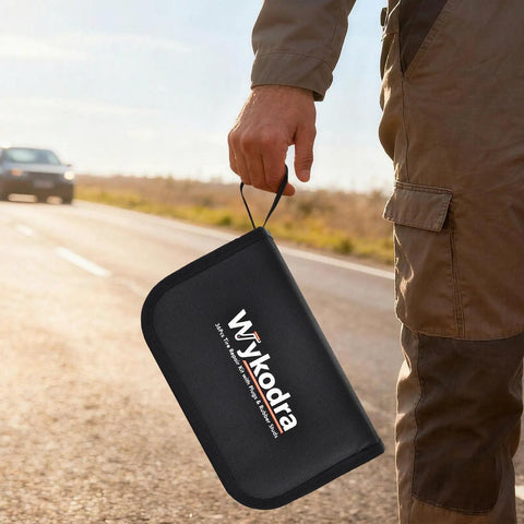Person holding a case for Heavy Duty Tire Repair Kit With Screw Plugs And T Handle on roadside.