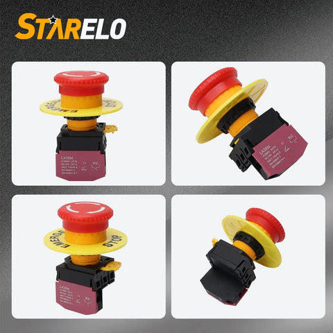 22Mm Red Mushroom Emergency Stop Button Switch Latching 1NC Normally Closed Safety Stop Switch 10A 660V IP54 With Yellow Ring For Heavy Duty Industrial Equipment