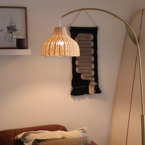 Lark Arc Floor Lamp With Hanging Wicker Shade Brass Tall Standing Light for Living Room and Office Perfect for Reading