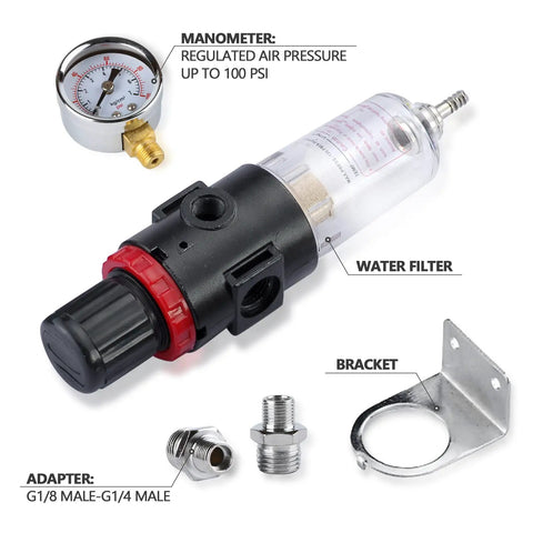 Airbrush Compressor Inline Regulator With Filter And Oil Water Trap Moisture Separator, Pressure Gauge 0-100 PSI, adapter, bracket
