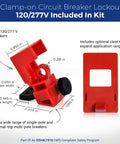 Lockout Tagout Electrical LOTO Kit for Quick Power Down 120/277V to 480/600V Circuit Lockouts showing clamp-on breaker lockouts