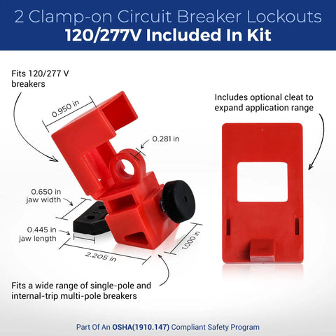 Lockout Tagout Electrical LOTO Kit for Quick Power Down 120/277V to 480/600V Circuit Lockouts showing clamp-on breaker lockouts