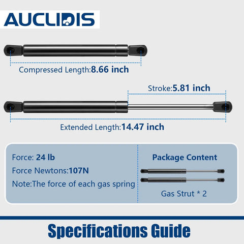 Specifications for 15 Inch Gas Strut Lift Support for Camper Shell And Truck Topper Doors Windows Cap Canopy 24 Lb 107 N