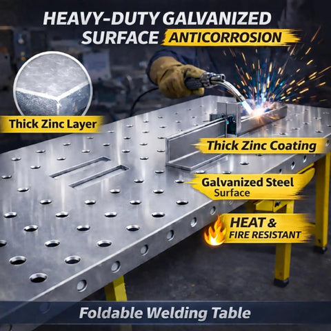 Built Tough Folding Welding Table With 4000 Lbs Beefy Load Capacity And Five Height Adjustable Levels For Portable Assembly Workbench Featuring galvanized steel surface.