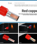 Ultimate Wire Ferrule Kit with 1000 Copper Crimp Terminals, showing red copper connector vs brass, demonstrating conductivity.