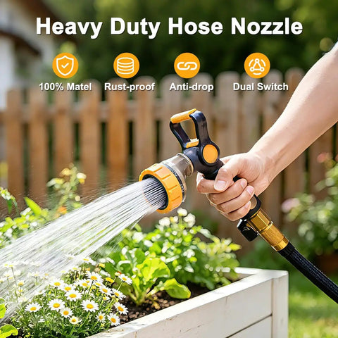 Fireman-Style Garden Hose Nozzle With Heavy-Duty All-Metal Build Lever And Thumb Control Sprayer Seven Spray Patterns in use
