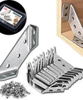 Rock Solid Stainless Steel Corner Brackets For Wood, 20 Piece Set Of Heavy Duty Universal L Brackets with screws mounted on wood.