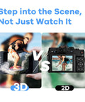 Comparison of Viewer Integrated 3D VR Camera With 24MP Photos And 8K Stills versus traditional 2D camera showing a surfer.
