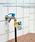 LANDNOR RV water pressure regulator with gauge, brass body, blue knob, installed on hose connection