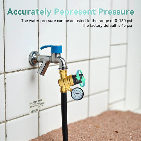 LANDNOR RV water pressure regulator with gauge, brass body, blue knob, installed on hose connection