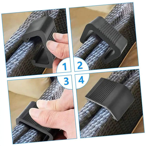 Close-up of Eight Pack Outdoor Wicker Furniture Clips being installed on rattan furniture, showing heat resistant and no-slip design