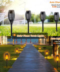 Four Pack Solar Tiki Torches With Flickering Flame For Outdoor Garden Decor, shown in daytime and nighttime settings