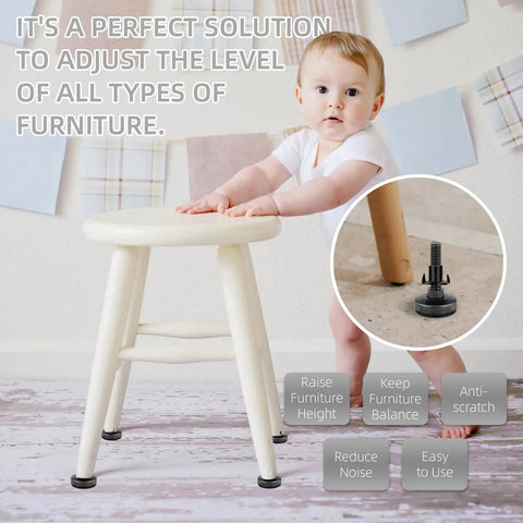Baby with stool using Three Eighth Inch Thread Leg Levelers 24 Pack Beefy Heavy Duty Adjustable Furniture Feet focus insert detail