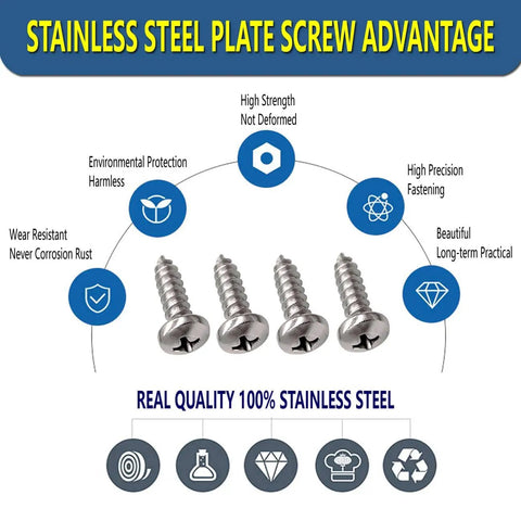 Stainless Steel License Plate Screws Kit Rust Proof Corrosion Resistant Front Or Rear Plate Fasteners With Black Caps M6 Screws And Chrome Caps Eight Piece Hardware Set.