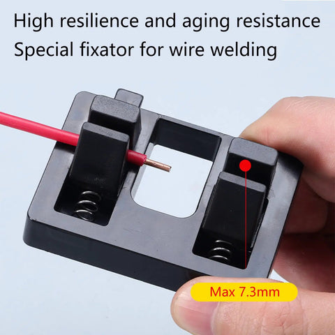 Heavy Duty Wire Welding Holder Clamp With High Temp Resistant ABS Base To Securely Grip Loose Cables For Soldering Home DIY Projects And Workshop Repairs Like A Pro, with a red wire being held.