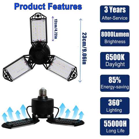 High Output 80W Garage Light With 3 Adjustable Panels Delivers 8000 Lumen At 6500K Daylight, open view with features.