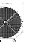 Heavy Duty 8 Foot Portable Industrial Fan With Smooth Rolling Caster Wheels, side and front views showcasing dimensions.