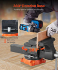 Heavy Duty 8 Inch Bench Vise With 360 Degree Swivel Locking Base And 8 Inch Jaw Opening, gripping a wooden piece on a workbench