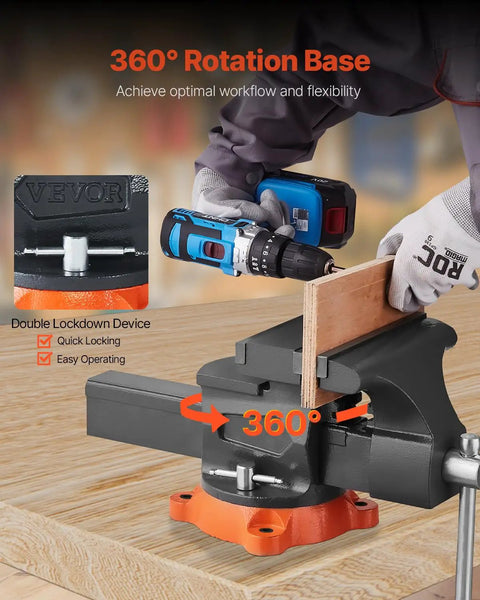 Heavy Duty 8 Inch Bench Vise With 360 Degree Swivel Locking Base And 8 Inch Jaw Opening, gripping a wooden piece on a workbench