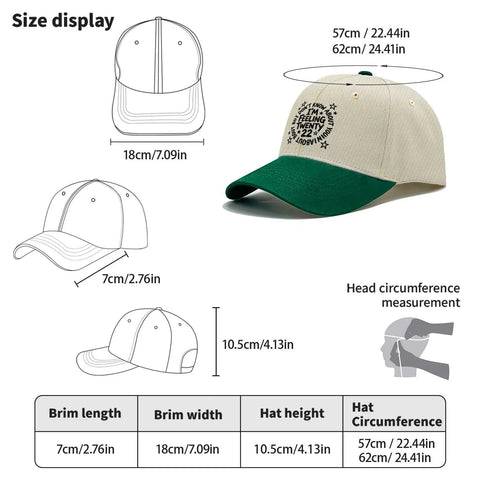 Feel Like A Star In A Breathable Cotton Baseball Cap Bundle For Men, detailing size and fit with dimensions and beige-green color.