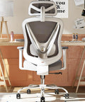 Ergonomic Mesh Office Chair With 3D Lumbar Support And 3D Armrests V Shaped Back Adjustable Desk Chair in white rear view