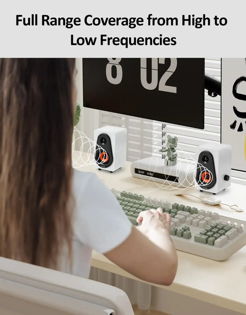 Person using White USB Powered Computer Speakers With Built In Audio Output For Crisp Digital Sound on a desk