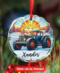 Custom Tractor Christmas Ornament 2026 With Personalized Name For Tractor Lovers, depicting a vintage tractor in stained glass.