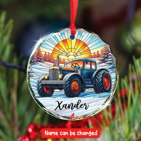 Custom Tractor Christmas Ornament 2026 With Personalized Name For Tractor Lovers, depicting a vintage tractor in stained glass.