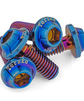 Top Shelf Burnt Blue Titanium Water Bottle Cage Bolts, Low Profile M5 X 14mm Ti Screws With Reliable 4mm Hex Drive, close-up view of screws.