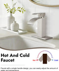 Waterfall Spout Bathroom Faucet With Single Handle 1 Hole Mount, brushed nickel finish beside decorative vases