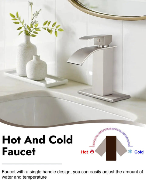 Waterfall Spout Bathroom Faucet With Single Handle 1 Hole Mount, brushed nickel finish beside decorative vases