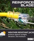 Beefy 75ft 10 Gauge Outdoor Extension Cord with 3 Outlets Heavy Duty Power Cable showing reinforced blades in grass