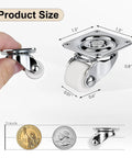 No Sweat Setup Slick Design 0.6 Inch White Low Profile Swivel Caster Wheels Set Of 4 Quick Peel Adhesive Mount size comparison with coins.