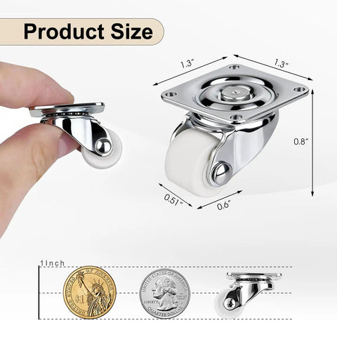No Sweat Setup Slick Design 0.6 Inch White Low Profile Swivel Caster Wheels Set Of 4 Quick Peel Adhesive Mount size comparison with coins.
