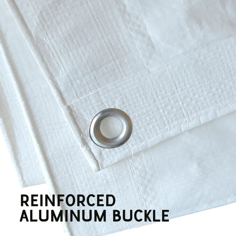 Close-up of 7 Mil White 8x10 Foot Poly Tarpaulin Tarp Beefy Heavy Duty Waterproof Cover With Reinforced Edges UV Resistant grommet corner