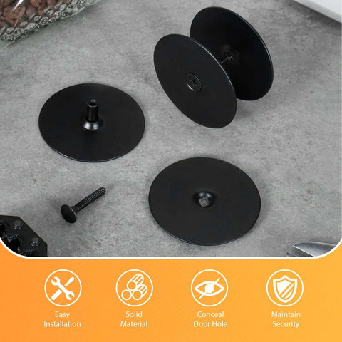 Black Door Hole Cover Plate, Heavy Duty Steel, 2 5/8 In Diameter, parts laid out, privacy shield for unused door holes, 2 pack
