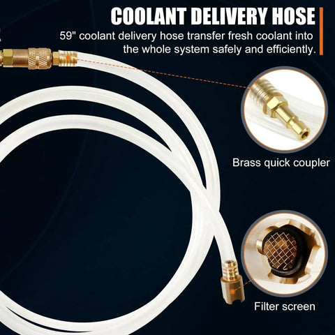 Pro Grade Automotive Radiator Coolant Vacuum Refill Tool Kit Featuring Universal Adapters with 59" coolant delivery hose.