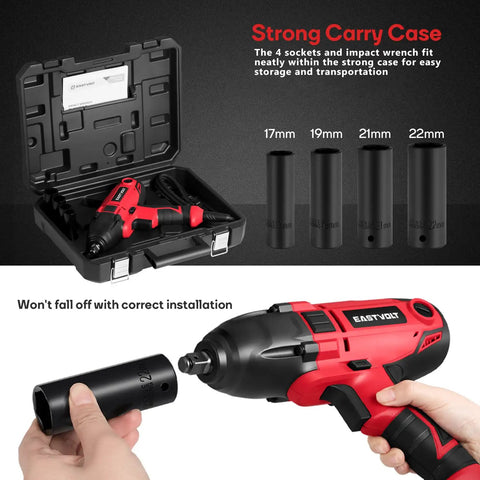 800W Electric Impact Wrench Heavy Duty Corded Tool with 450 ft lbs Max Torque, shown with sockets and carry case.