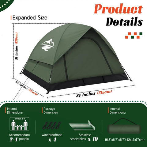 2 To 3 Person Camping Tent With Rainfly Waterproof And Windproof Dome Shelter Easy Setup And Portable Double Layer Outdoor Tent For Backpacking Backyard Adventures Hiking And Quick Trips in forest green with dimensions 84x84x51 inches.