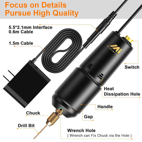 Pro Grade Electric Resin Drill Set With Pin Vise Mini Hand Drill Kit And 10 Pieces Twist Drill Bits 0.8 To 1.2 Millimeters For Resin Craft Jewelry Making Keychains Pendants And DIY Projects, showing drill with labeled parts and USB adapter