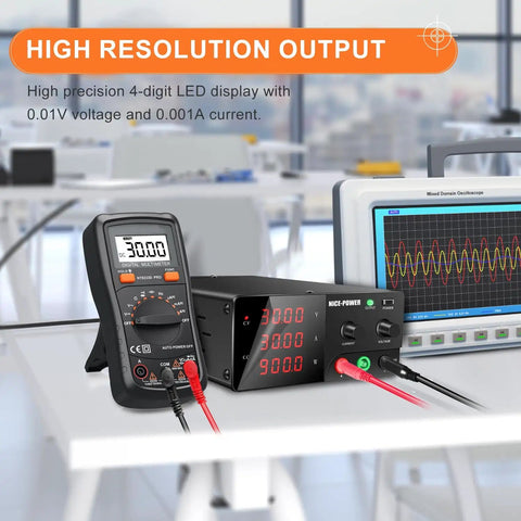 High Power Bench Power Supply 30V 30A 900W with encoder knob and output switch on lab bench with multimeter and oscilloscope