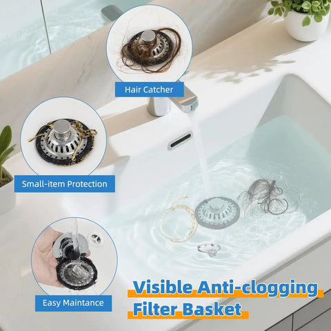 Universal Brass Drain Stopper Slick Chrome Finish Heavy Duty Bathtub Drain Cover No Sweat Bathroom Sink Hair Catcher Dual Purpose Tub Protector With Silicone Ring Seal For Quick Setup And Legit Clog Defense All Around, featuring visible hair catcher.