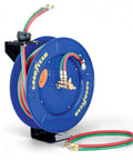 Retractable Welding Hose Reel One Quarter Inch By 65 Feet Twin Oxygen Acetylene Rubber Hoses, blue reel with hoses extended