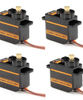 Four Pack ES08MA II 12g Mini Metal Gear Analog Servo for RC Models, visible in shockproof black casing